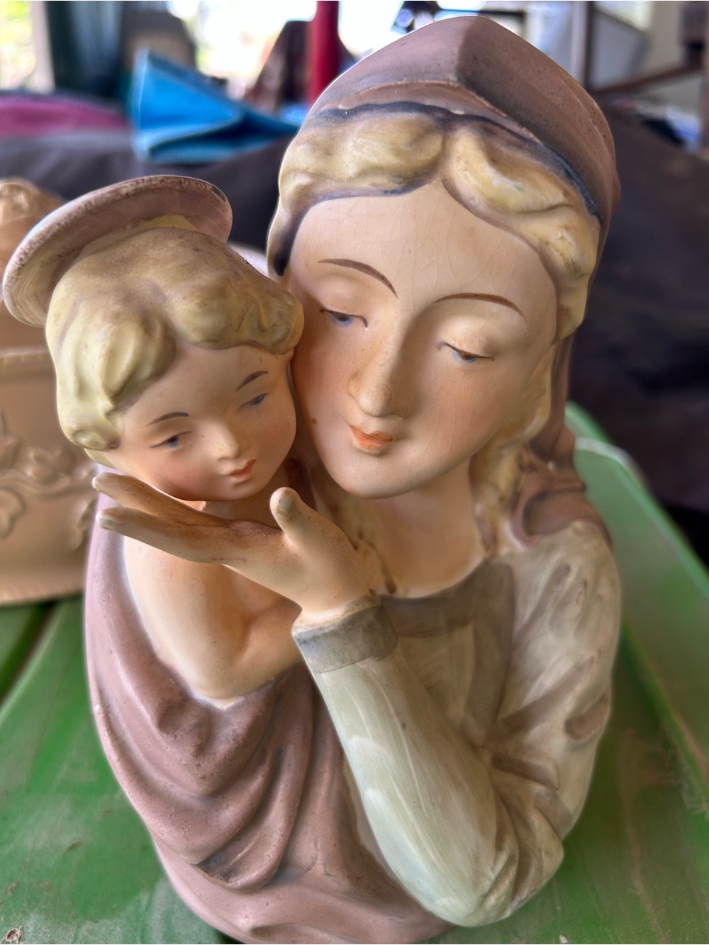 Hand-Painted Ceramic Madonna & Child Figurine in Cream and Tan